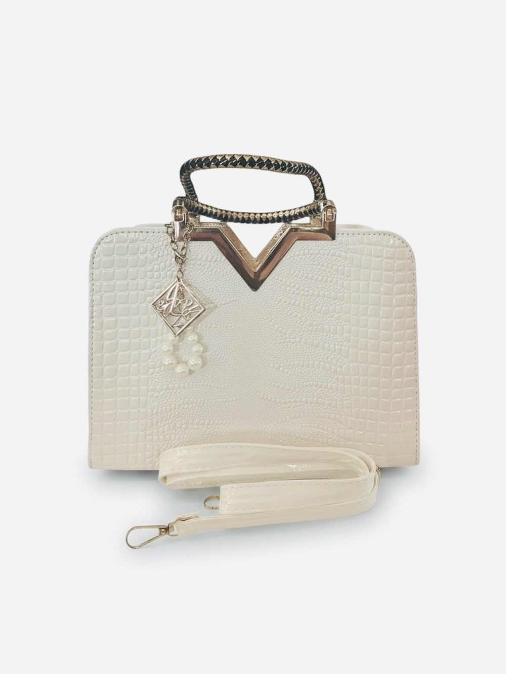 White Croc Embossed Satchel Handbag Gold Tone